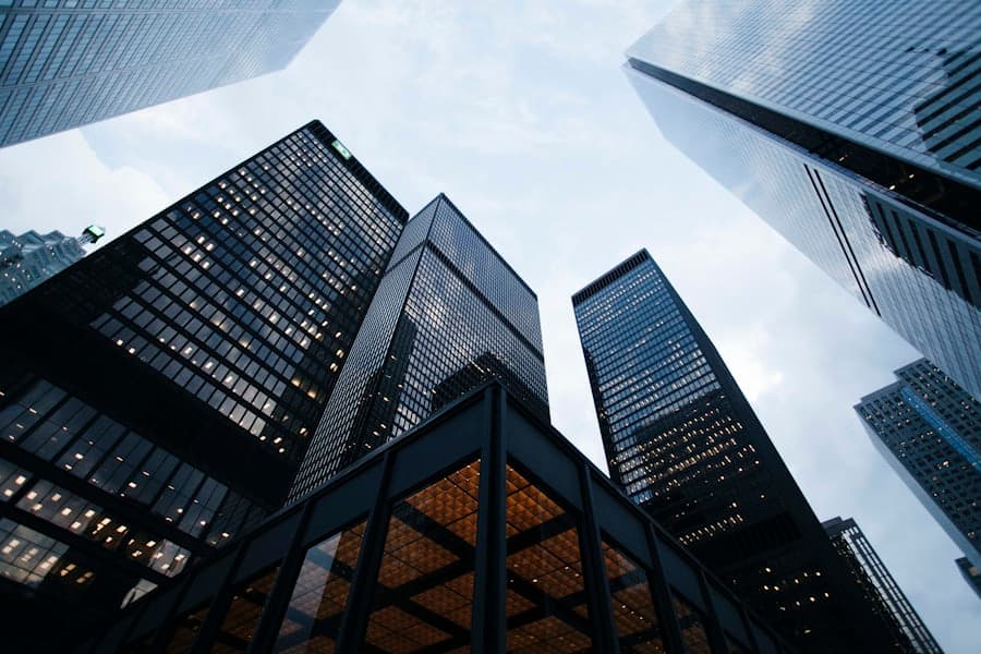Glass office towers seen from the street